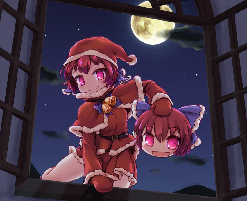 1girl alternate_costume blue_bow bow capelet christmas clouds commentary_request disembodied_head eyebrows_visible_through_hair full_moon gloves hair_bow hat isu_(is88) looking_at_viewer miniskirt mittens moon night night_sky pink_eyes red_gloves red_hat red_skirt redhead santa_costume santa_hat sekibanki skirt sky smile solo touhou window