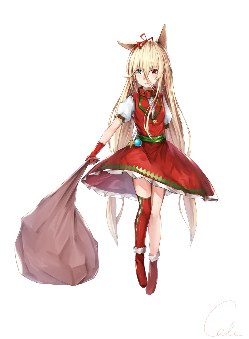 1girl absurdres animal_ears arm_behind_back asymmetrical_legwear bag ball bangs black_cola blonde_hair blue_eyes blush boots breasts buckle christmas christmas_ornaments collar dress eyebrows_visible_through_hair eyes_visible_through_hair fox_ears full_body fur-trimmed_boots fur_trim g41_(girls_frontline) girls_frontline gloves hair_between_eyes hair_ribbon heterochromia highres holding holding_bag long_hair looking_away mid-stride open_mouth parted_lips puffy_sleeves red_eyes red_gloves red_ribbon ribbon santa_costume sidelocks signature simple_background single_thighhigh small_breasts solo star thigh-highs thighs very_long_hair walking white_background
