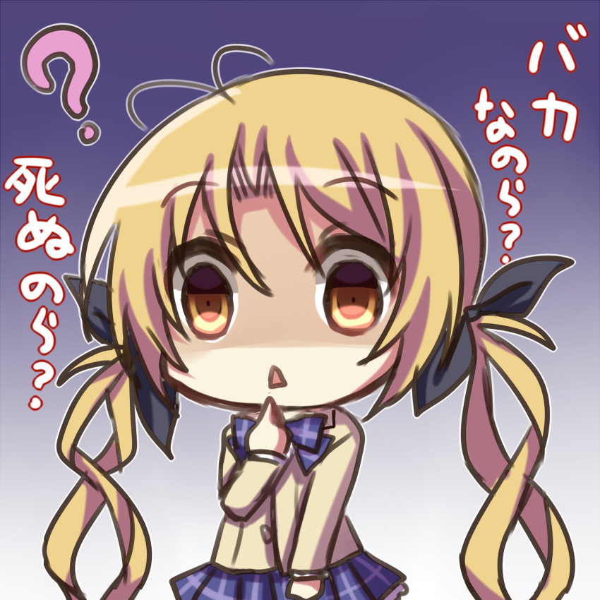 1girl blonde_hair chaos;head chibi crazy_eyes highres looking_at_viewer nishijou_myu orihara_kozue school_uniform shaded_face simple_background solo twintails yellow_eyes