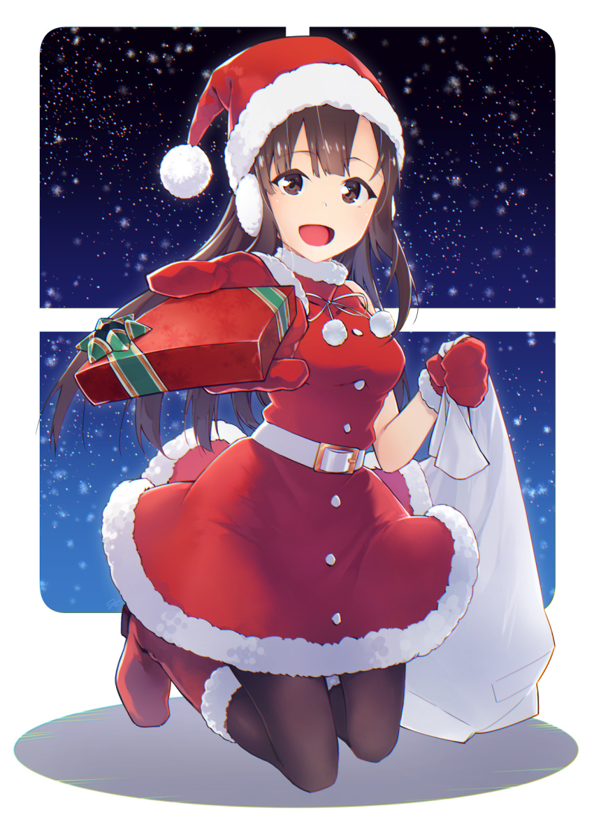 1girl black_legwear blush box brown_eyes brown_hair gift gift_box gloves hat highres idolmaster idolmaster_cinderella_girls long_hair looking_at_viewer mizumoto_yukari open_mouth outstretched_arm red_gloves sack santa_costume santa_hat smile solo yomio