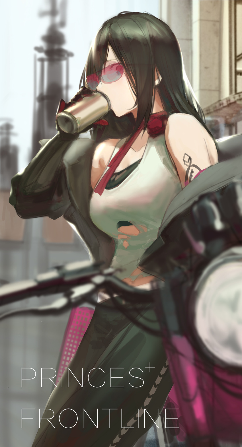 1girl absurdres alternate_costume arm_tattoo biker_clothes black_footwear black_hair black_jacket boots breasts cenm0 cityscape cleavage closed_mouth clouds cloudy_sky collarbone cover cowboy_shot drinking from_side girls_frontline gloves ground_vehicle headwear_removed helmet helmet_removed highres holding_mug jacket large_breasts long_hair looking_at_viewer medium_breasts motor_vehicle motorcycle neck_ribbon off_shoulder open_clothes open_jacket outdoors pzb39_(girls_frontline) red_eyes red_ribbon red_scarf ribbon scarf sky smile solo solo_focus standing star sunglasses tattoo very_long_hair zipper