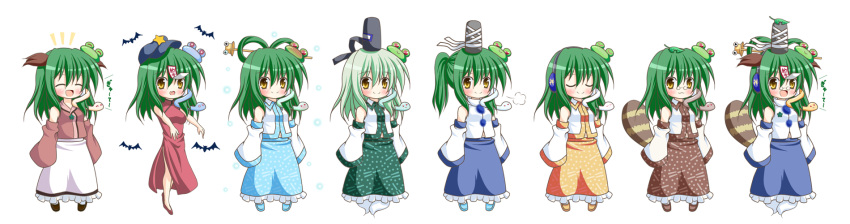 1girl :3 ^_^ animal_ears bare_shoulders bat blush chibi china_dress chinese_clothes closed_eyes cosplay detached_sleeves dress earmuffs expressionless frog_hair_ornament fusion futatsuiwa_mamizou futatsuiwa_mamizou_(human) ghost_tail glasses green_hair hair_ornament hair_rings hair_stick hat highres kaku_seiga kaku_seiga_(cosplay) kasodani_kyouko kasodani_kyouko_(cosplay) kochiya_sanae leaf leaf_on_head miyako_yoshika miyako_yoshika_(cosplay) mononobe_no_futo mononobe_no_futo_(cosplay) multiple_tails ofuda open_mouth osashin_(osada) outstretched_arms pince-nez ponytail pyonta raccoon_tail skirt sleeves_past_wrists slit_pupils smile soga_no_tojiko soga_no_tojiko_(cosplay) tail tate_eboshi touhou toyosatomimi_no_miko toyosatomimi_no_miko_(cosplay) yellow_eyes zombie_pose