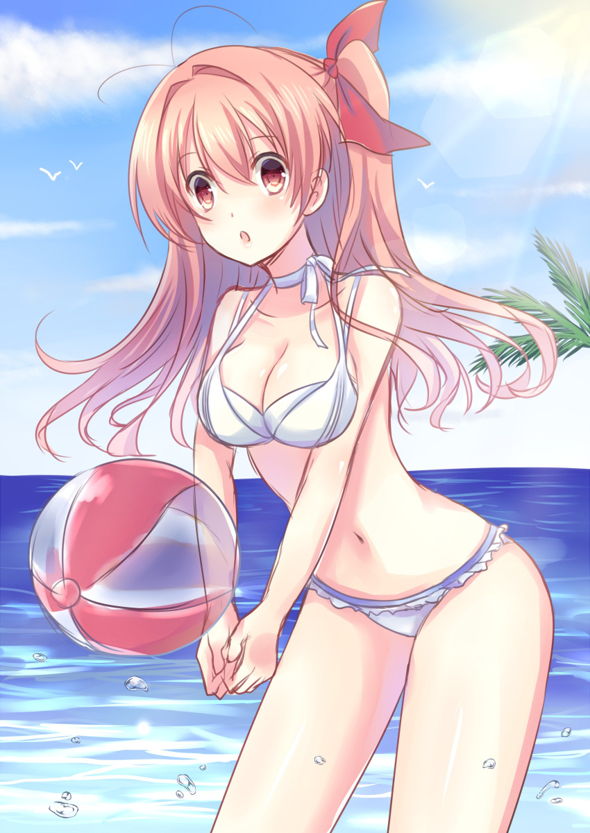 1girl :o absurdres ball beachball bikini breasts chaos;head hair_ribbon highres large_breasts nishijou_myu pink_eyes pink_hair ribbon sakihata_rimi solo swimsuit