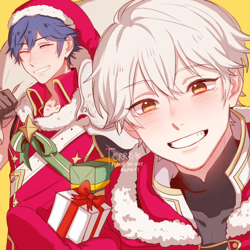 2boys blue_hair blush cape christmas fire_emblem fire_emblem:_kakusei fire_emblem_heroes gloves highres krom looking_at_viewer male_focus male_my_unit_(fire_emblem:_kakusei) multiple_boys my_unit_(fire_emblem:_kakusei) robe santa_costume short_hair simple_background smile tecchi_kun white_background white_hair