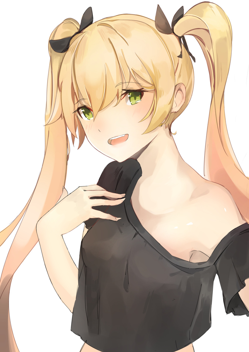 1girl :d absurdres arm_up armpit_peek armpits bare_shoulders black_shirt blonde_hair blush breasts commentary english_commentary eyebrows_visible_through_hair green_eyes hair_ribbon hand_on_own_chest highres looking_at_viewer medium_breasts off_shoulder open_mouth original ribbon shirt simple_background smile solo tareme teeth twintails upper_body upper_teeth white_background xhunzei