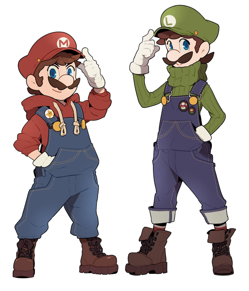 2boys blue_eyes brothers brown_hair full_body gloves hat highres looking_at_viewer luigi male_focus mario super_mario_bros. mario_bros. multiple_boys overalls redlhzz short_hair siblings simple_background smile super_mario_bros. white_background