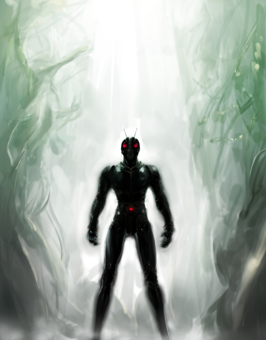 1boy absurdres antennae armor backlighting belt commentary_request full_armor full_body glowing helmet highres kamen_rider kamen_rider_zo looking_at_viewer male_focus negresco outdoors red_eyes solo standing tokusatsu