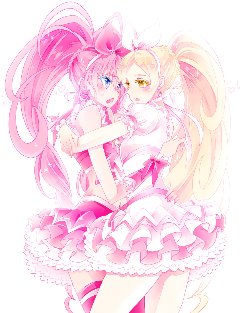 2girls absurdres bare_shoulders blonde_hair blue_eyes blush bow choker couple cure_melody cure_rhythm highres houjou_hibiki hug long_hair md5_mismatch midriff minamino_kanade multiple_girls navel open_mouth pink_bow pink_hair ponytail precure revision simple_background sleeveless suite_precure twintails white_background white_choker yellow_eyes yuri yuucho_(cololal)