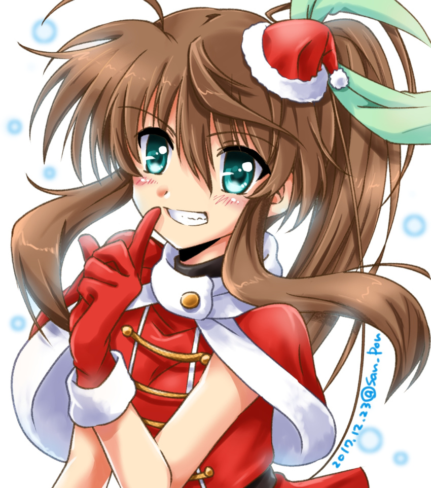 1girl ahoge black_belt brown_hair dasuto dated eyebrows_visible_through_hair finger_to_mouth fuuka_reventon gloves green_eyes green_ribbon grin hair_ribbon hat highres long_hair looking_at_viewer lyrical_nanoha mini_hat mini_santa_hat ponytail portrait red_capelet red_gloves red_hat red_shirt ribbon santa_costume santa_hat shirt shushing smile solo twitter_username vivid_strike!