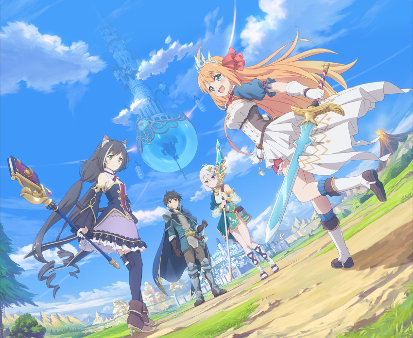 1boy 3girls animal_ears black_hair blonde_hair blue_eyes boots breasts cape castle cat_ears clouds detached_sleeves gloves green_eyes hair_ornament highres kokkoro_(princess_connect!) kyaru_(princess_connect) large_breasts leaf_hair_ornament long_hair looking_at_viewer low_twintails multiple_girls official_art pecorine pine_tree pointy_ears polearm princess_connect!_re:dive road short_hair silver_hair sky sleeveless spear sword thigh-highs tiara tree twintails wall weapon
