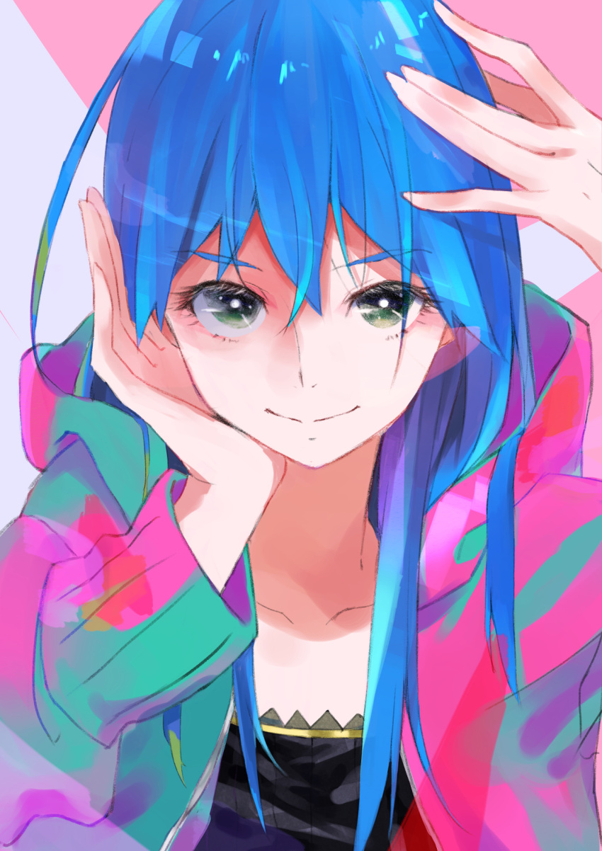 1girl blue_hair bright_pupils closed_mouth colorful commentary_request eyebrows_visible_through_hair eyes green_eyes hair_between_eyes hands_up highres hood hood_down hoodie kobutakurassyu long_hair long_sleeves looking_at_viewer original smile solo upper_body