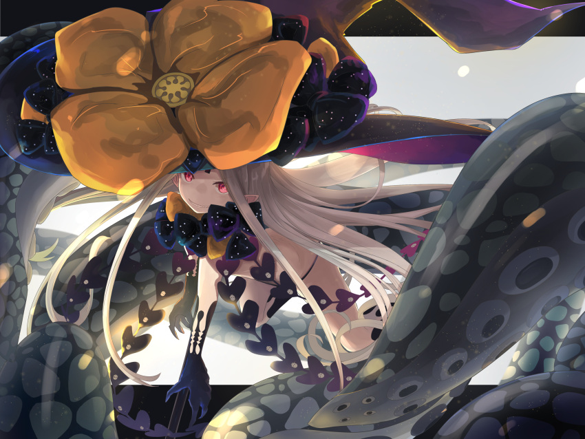 1girl abigail_williams_(fate/grand_order) bangs black_bow black_gloves black_hat black_panties bow elbow_gloves fate/grand_order fate_(series) force_(fossan_01) gloves grin hat hat_bow highres holding long_hair looking_at_viewer orange_bow panties parted_bangs pointy_ears red_eyes revealing_clothes sharp_teeth smile solo suction_cups teeth tentacle topless underwear v-shaped_eyebrows very_long_hair white_hair witch_hat