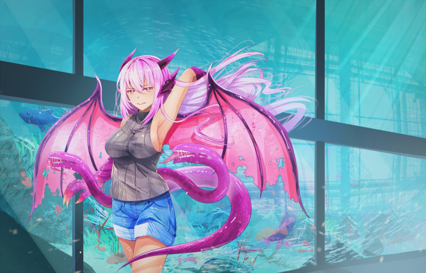 1girl aquarium arm_up armpits breasts claws commentary commission daikazoku63 denim denim_shorts dragon_girl dragon_wings fish highres horns jabberwock_(monster_girl_encyclopedia) large_breasts long_hair looking_at_viewer monster_girl monster_girl_encyclopedia parted_lips paws pink_eyes pink_hair shorts sleeveless sleeveless_turtleneck smile solo tail tentacle turtleneck wings