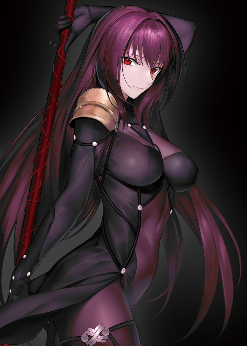 1girl absurdres arm_up bangs bodysuit breasts closed_mouth fate/grand_order fate_(series) gae_bolg hair_intakes highres large_breasts light_smile lips long_hair looking_at_viewer polearm purple_bodysuit purple_hair red_eyes scathach_(fate/grand_order) solo spaulders spear very_long_hair weapon yagitome87