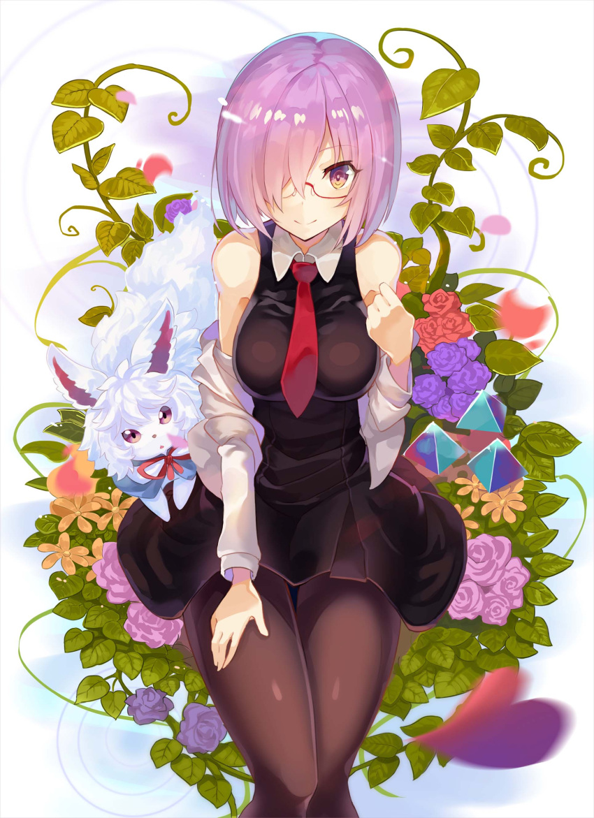 1girl absurdres bare_shoulders black_dress breasts dress fate/grand_order fate_(series) flower fou_(fate/grand_order) glasses hair_over_one_eye highres large_breasts leaf looking_at_viewer mash_kyrielight necktie off_shoulder pantyhose pink_hair pink_rose plant purple_rose red_neckwear red_rose rin_falcon rose short_dress short_hair sitting sleeveless sleeveless_dress smile vines violet_eyes