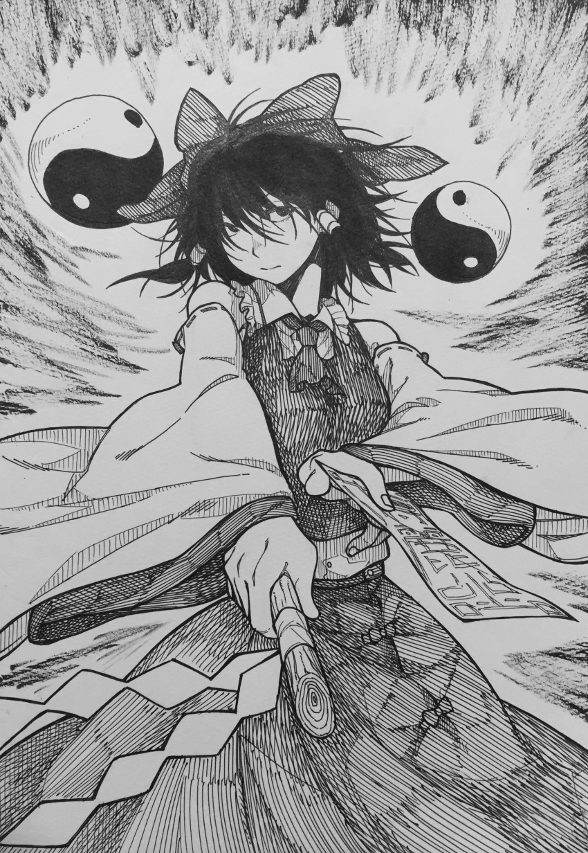 1girl absurdres bow detached_sleeves foreshortening gohei greyscale hair_between_eyes hair_bow hair_tubes hakurei_reimu highres looking_at_viewer monochrome ofyda ozma_(yozakura) ribbon-trimmed_sleeves ribbon_trim shide skirt solo touhou traditional_media upper_body vest yin_yang