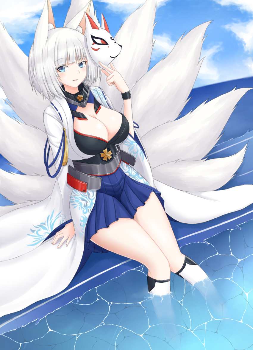 1girl animal_ears azur_lane blue_skirt blue_sky breasts cleavage clouds cloudy_sky eyeshadow flight_deck fox_ears fox_mask fox_tail hakama_skirt highres japanese_clothes kaga_(azur_lane) kikumon kimono kitsune looking_at_viewer makeup mask mentai_mayo multiple_tails ocean sitting skirt sky solo tail water white_hair white_kimono wide_sleeves