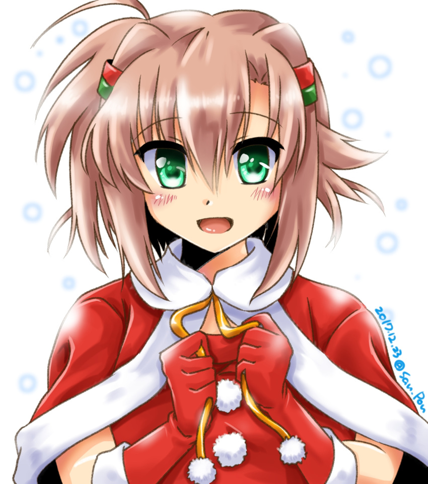 1girl ahoge brown_hair cape dasuto dated dress eyebrows_visible_through_hair gloves green_eyes hair_tubes highres looking_at_viewer lyrical_nanoha miura_rinaldi open_mouth portrait red_cape red_dress red_gloves santa_costume short_hair smile solo twitter_username vivid_strike!