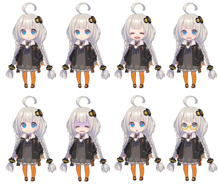 1girl :d :o =_= ahoge bangs black_footwear black_jacket blue_eyes blush braid chibi closed_eyes closed_mouth collared_dress commentary_request crying crying_with_eyes_open dress expressions eyebrows_visible_through_hair fingerless_gloves frown fur_trim glasses gloves grey_dress grey_gloves hair_ornament highres jacket kizuna_akari long_hair looking_at_viewer multiple_views nagisa_kurousagi nervous_smile open_clothes open_jacket open_mouth orange_legwear pantyhose parted_lips ribbed_legwear shaded_face shoes simple_background smile standing sweatdrop tearing_up tears turn_pale twin_braids very_long_hair vocaloid voiceroid wavy_mouth white_background yellow-framed_eyewear
