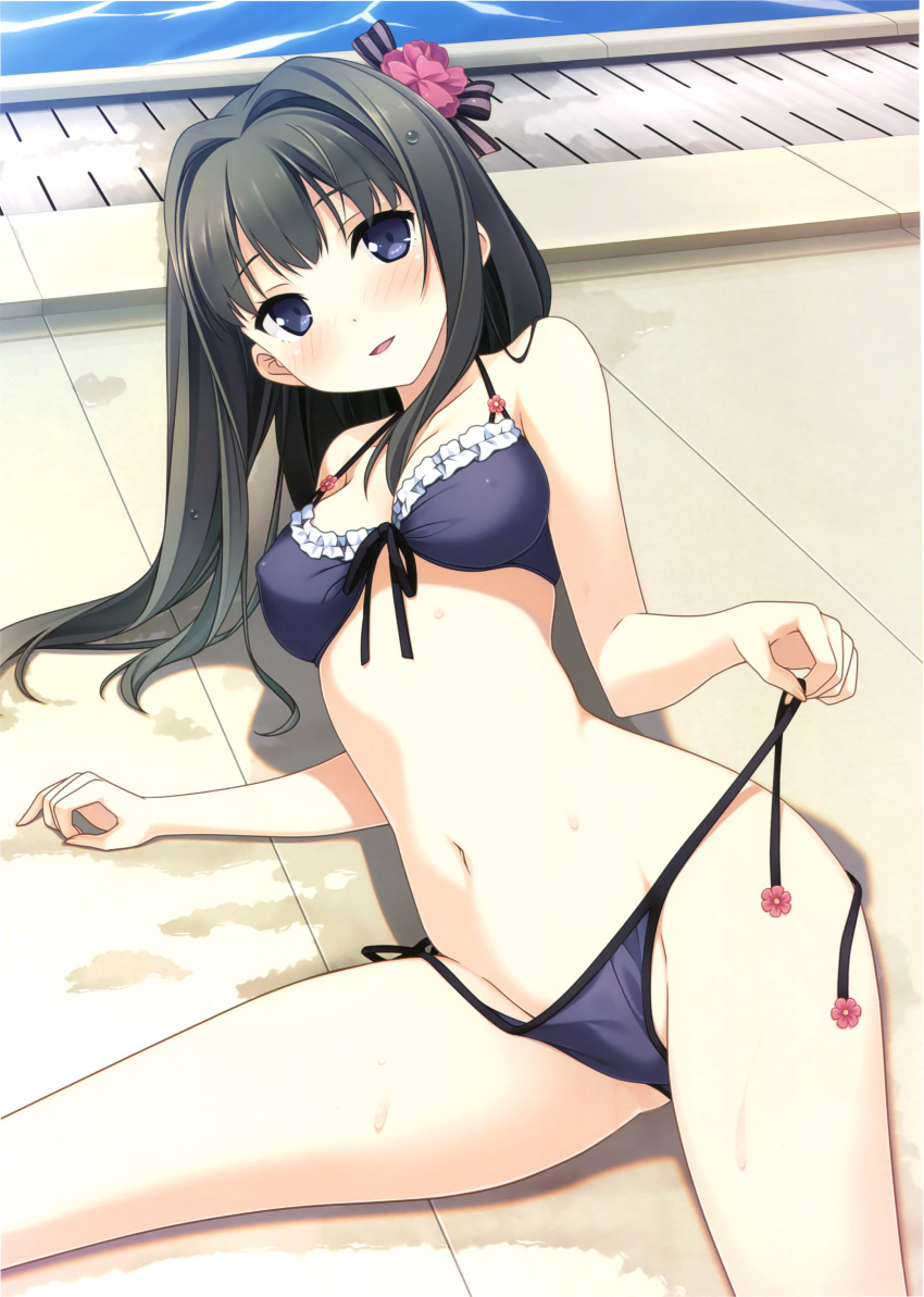 absurdres ayase_sayuki bikini black_hair blue_bikini blue_eyes blush breasts cropped eyebrows_visible_through_hair flower front-tie_bikini front-tie_top gluteal_fold hair_flower hair_intakes hair_ornament halterneck highres kantoku looking_at_viewer lying medium_breasts navel on_side parted_lips scan side-tie_bikini smile strap_gap swimsuit untied untied_bikini wet wet_hair your_diary