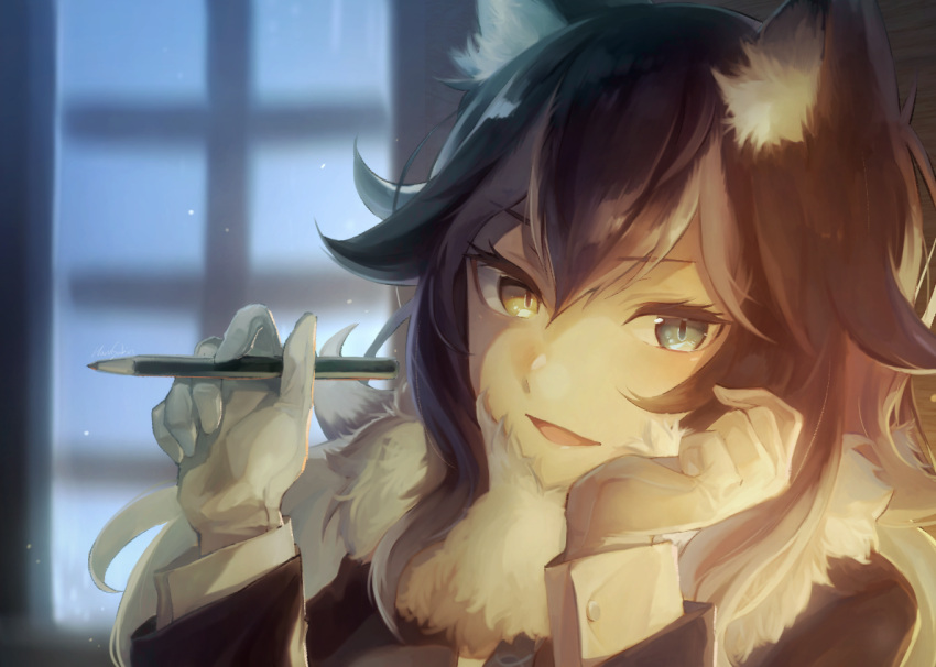 1girl :d animal_ears arm_support bangs black_hair blue_eyes blurry blurry_background blush depth_of_field eyebrows_visible_through_hair gloves grey_wolf_(kemono_friends) hand_on_own_cheek harusabin head_rest heterochromia indoors kemono_friends long_hair long_sleeves multicolored_hair night nose_blush open_mouth pencil signature silver_hair smile solo streaked_hair tsurime two-tone_hair upper_body white_gloves white_hair window wolf_ears yellow_eyes