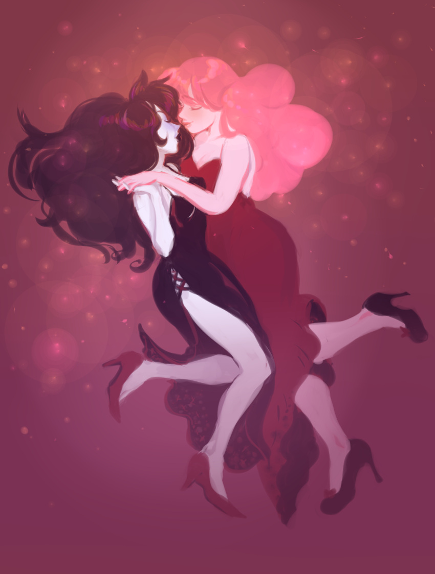 2girls adventure_time bellatown black_dress black_hair breasts cleavage closed_eyes commentary dress grey_skin hand_holding high_heels highres imminent_kiss interlocked_fingers lips long_hair marceline_abadeer multiple_girls pink_hair pink_skin princess_bonnibel_bubblegum red_dress yuri