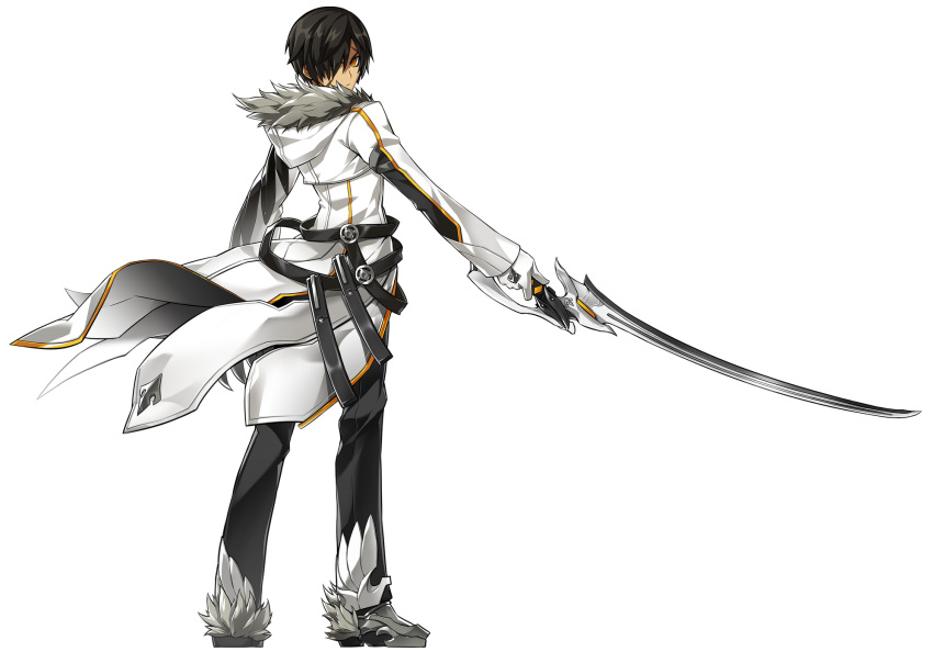 1boy artist_request belt black_hair black_pants blade_master_(elsword) closed_mouth elsword expressionless full_body fur_trim gloves hair_over_one_eye highres holding holding_sword holding_weapon hood looking_at_viewer looking_back male_focus official_art orange_eyes pants raven_(elsword) shoes solo standing sword weapon white_coat white_gloves