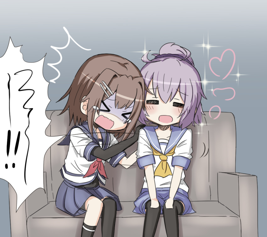 &gt;_&lt; /\/\/\ 2girls :d =_= aoba_(kantai_collection) bangs black_bodysuit black_gloves black_legwear blue_shorts blue_skirt bodysuit brown_hair collarbone comic couch elbow_gloves eyebrows_visible_through_hair furutaka_(kantai_collection) gloves guriin hair_between_eyes hair_ornament hair_scrunchie hairclip hand_on_another's_shoulder heart high_ponytail kantai_collection multiple_girls neckerchief on_couch open_mouth pleated_skirt ponytail purple_hair purple_scrunchie red_neckwear scared school_uniform scrunchie serafuku shirt short_hair short_shorts short_sleeves shorts single_elbow_glove single_sock single_thighhigh sitting skirt smile socks sparkle tears thigh-highs translation_request turn_pale wavy_mouth white_shirt yellow_neckwear