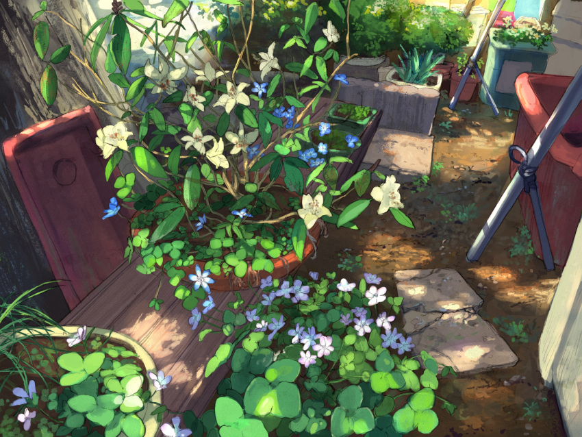 day door flower grass no_humans original outdoors pippi_(pixiv_1922055) plant pot potted_plant scenery still_life stone tree