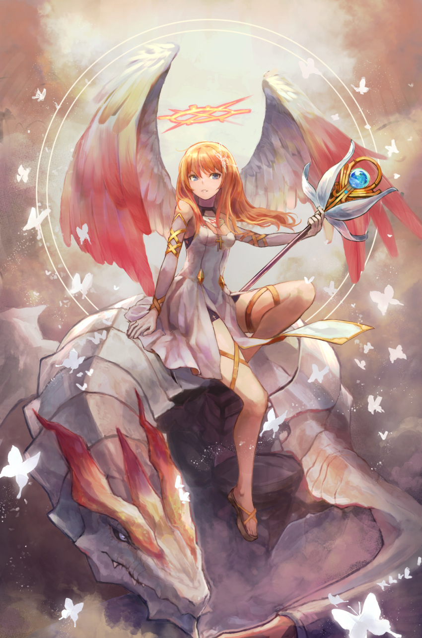 1girl angel angel_wings armlet bangs bare_shoulders black_choker blonde_hair blue_eyes bracelet butterfly choker commentary_request cross cross_necklace dragon dress feathered_wings hair_ornament halo highres holding jewelry knee_up kobutakurassyu legband long_hair looking_at_viewer necklace no_socks original parted_lips sandals sitting solo staff white_dress wings