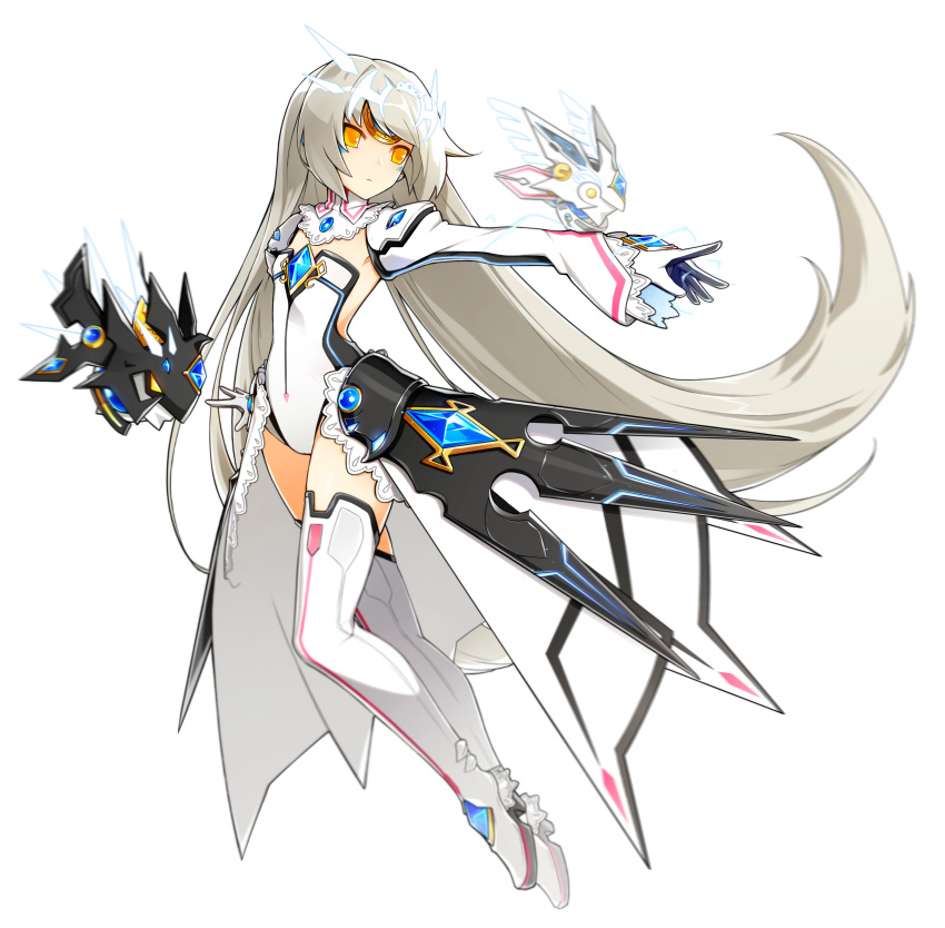 1girl absurdres boots closed_mouth code:_battle_seraph_(elsword) detached_collar detached_sleeves elsword eve_(elsword) expressionless floating forehead_protector full_body gem gloves highres hwansang leotard long_hair official_art robot solo thigh-highs thigh_boots white_footwear white_hair white_leotard yellow_eyes