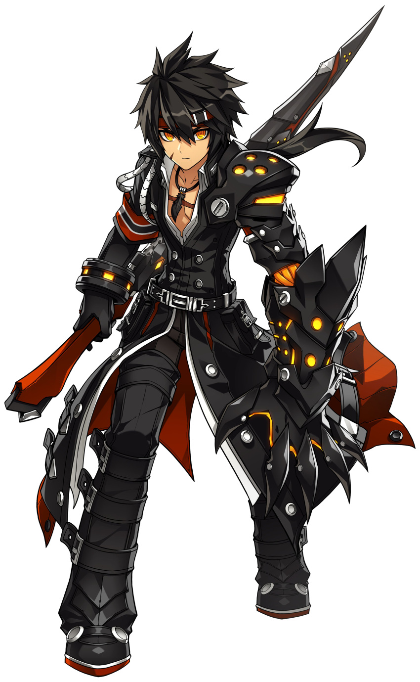 1boy absurdres artist_request belt black_coat black_footwear black_hair black_pants boots claws closed_mouth elsword expressionless full_body highres holding holding_sword holding_weapon jewelry knee_boots long_hair looking_at_viewer male_focus mechanical_arm necklace official_art pants ponytail raven_(elsword) reverse_grip solo standing sword weapon weapon_taker_(elsword) yellow_eyes
