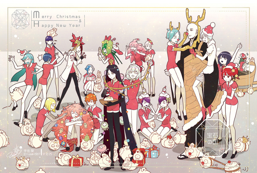 alexandrite_(houseki_no_kuni) amethyst_(houseki_no_kuni) androgynous antarcticite benitoite_(houseki_no_kuni) black_eyes black_footwear black_gloves black_hair black_legwear blonde_hair blue_hair bort braid brown_eyes christmas_ornaments closed_eyes copyright_name dated diamond_(houseki_no_kuni) elbow_gloves euclase_(houseki_no_kuni) everyone gloves goshenite_(houseki_no_kuni) green_eyes green_hair hair_brush hair_over_one_eye hair_rings happy_new_year hat houseki_no_kuni jade_(houseki_no_kuni) kongou_sensei labcoat long_hair mercury merry_christmas morganite_(houseki_no_kuni) multicolored_hair necktie neptunite_(houseki_no_kuni) new_year obsidian_(houseki_no_kuni) orange_eyes orange_hair padparadscha_(houseki_no_kuni) phosphophyllite pink_hair purple_hair red_beryl_(houseki_no_kuni) red_neckwear red_shorts redhead rutile_(houseki_no_kuni) santa_costume santa_hat shinsha_(houseki_no_kuni) shiro_(houseki_no_kuni) shirt short_hair short_sleeves shorts siblings signature silver_hair sleeping smile thigh-highs twins twintails usaki1987 very_long_hair white_gloves white_hair white_shirt yellow_diamond_(houseki_no_kuni) zircon_(houseki_no_kuni)