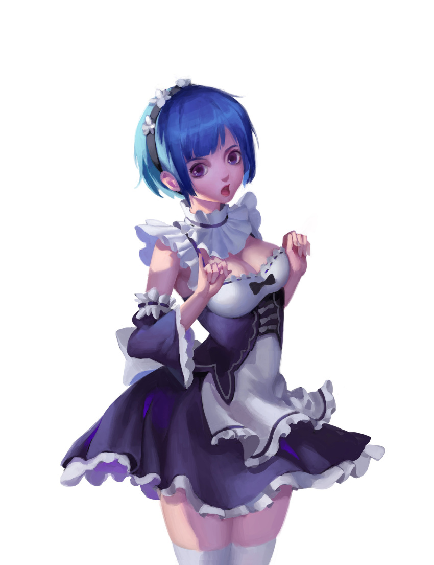 1girl absurdres apron arms_up bangs black_bow black_dress black_hairband black_sleeves blue_hair bow breasts cleavage collar detached_collar detached_sleeves dress frilled_apron frilled_collar frilled_dress frilled_sleeves frills hairband highres lace-trimmed_sleeves large_breasts legs_together looking_at_viewer maid maid_headdress open_mouth parted_lips re:zero_kara_hajimeru_isekai_seikatsu rem_(re:zero) ribbon-trimmed_clothes ribbon_trim shiny shiny_hair short_hair simple_background solo standing thigh-highs thighs underbust violet_eyes white_apron white_background white_collar white_legwear y_xun zettai_ryouiki