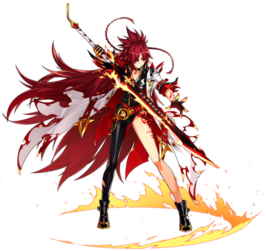 1girl artist_request asymmetrical_clothes belt black_footwear black_neckwear braid choker closed_mouth elesis_(elsword) elsword flame_lord_(elsword) full_body gloves hair_over_one_eye holding holding_sword holding_weapon long_hair looking_to_the_side official_art red_eyes redhead shoes single_pantsleg skin_tight smile solo standing sword tattoo weapon white_coat