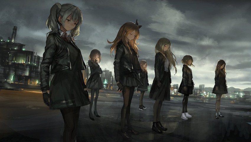 6+girls bangs black_bow black_footwear black_gloves black_legwear black_skirt blunt_bangs bow closed_eyes closed_mouth clouds cloudy_sky crossed_arms day dress from_side gloves hair_bow jacket leather leather_jacket light_smile lm7_(op-center) long_hair multiple_girls original outdoors pantyhose pleated_dress pleated_skirt shirt shoes silver_hair skirt sky socks standing twintails white_footwear white_legwear white_shirt