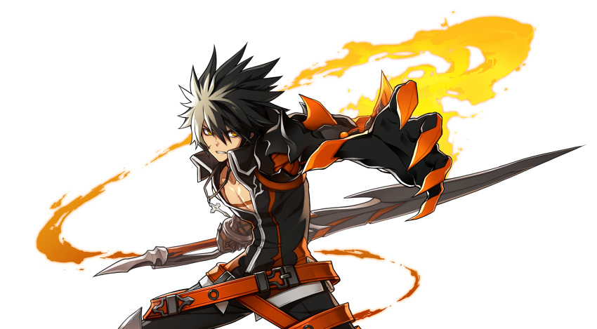 1boy absurdres belt black_hair black_pants black_shirt claws clenched_teeth cowboy_shot elsword fighting_stance highres holding holding_sword holding_weapon hwansang jewelry looking_at_viewer male_focus mechanical_arm multicolored_hair necklace official_art outstretched_hand pants raven_(elsword) reckless_fist_(elsword) reverse_grip scar shirt solo spiky_hair sword teeth two-tone_hair weapon white_hair yellow_eyes