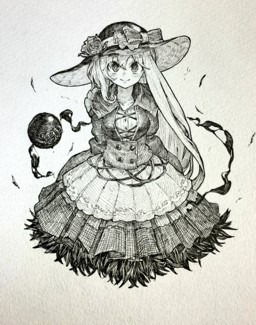 1girl alternate_costume arms_at_sides bow breasts closed_mouth dress flower grey_background greyscale hat hat_bow hat_flower highres komeiji_koishi long_hair looking_at_viewer mashimashi medium_breasts monochrome rose scan smile solo third_eye touhou traditional_media