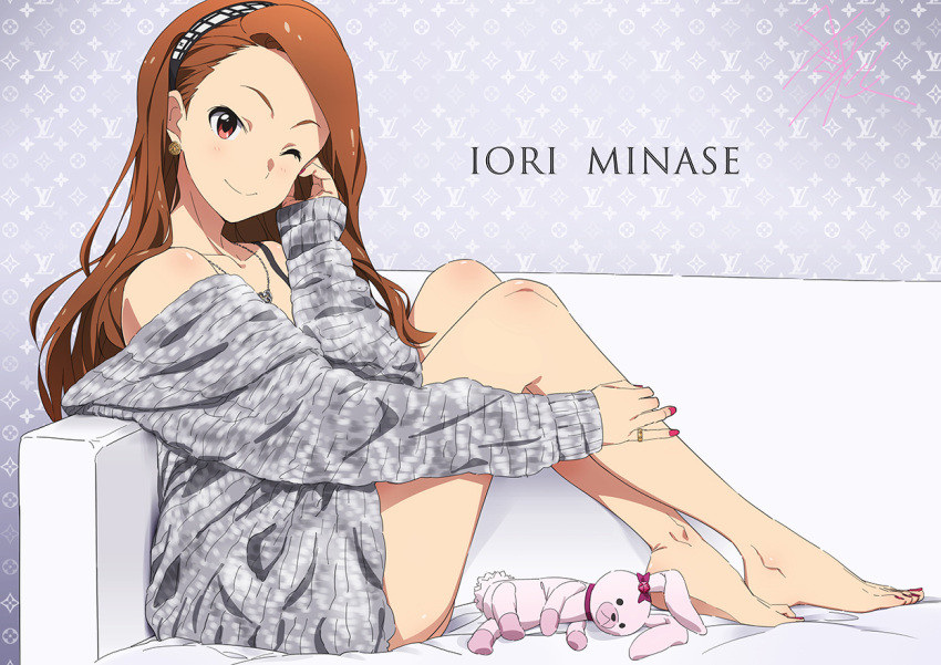 1girl ;) animal_ears bare_legs bare_shoulders barefoot blush brown_hair character_name collarbone earrings forehead from_side full_body grey_sweater hairband idolmaster jewelry knees_up long_sleeves looking_at_viewer looking_to_the_side minase_iori nail_polish necklace off-shoulder_sweater off_shoulder one_eye_closed rabbit_ears red_eyes red_nails signature sleeves_past_wrists smile solo sweater taku1122 toenail_polish two-tone_hairband