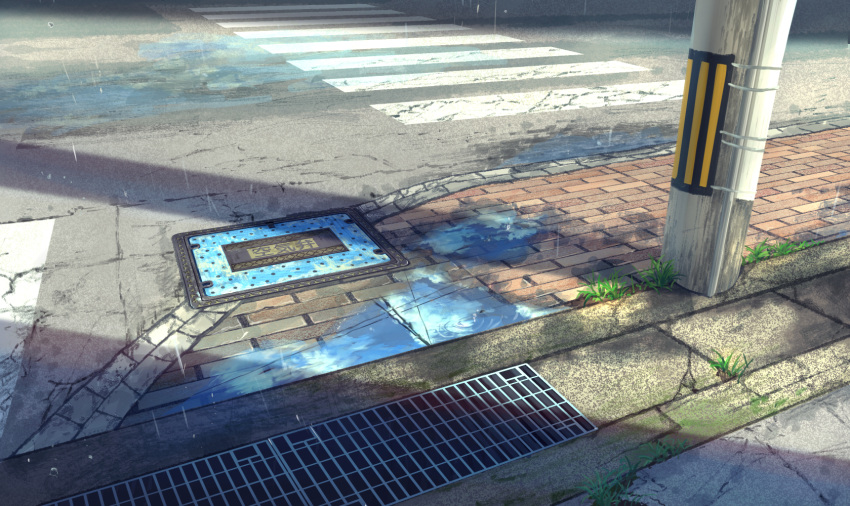 crosswalk day grass highres no_humans original outdoors pavement pippi_(pixiv_1922055) puddle rain road scenery sewer_grate street telephone_pole