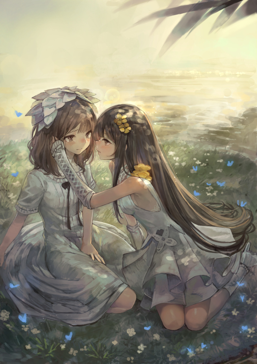 2girls anklet bangs blunt_bangs blush brown_eyes brown_hair closed_mouth commentary_request dress eye_contact field flower gloves hair_ornament high_heels highres jewelry kobutakurassyu long_hair looking_at_another multiple_girls original outdoors sitting white_dress white_gloves yuri