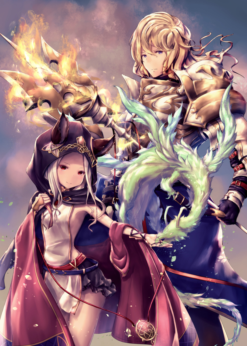 1boy 1girl armor bird black_skirt blonde_hair breastplate cloak closed_mouth ears_through_headwear erun_(granblue_fantasy) eyebrows_visible_through_hair fire flat_chest granblue_fantasy hair_between_eyes highres holding holding_weapon long_hair looking_at_viewer misaki_miso naoise outstretched_arm pauldrons red_eyes silver_hair skasaha_(granblue_fantasy) skirt smile standing v-shaped_eyebrows violet_eyes weapon
