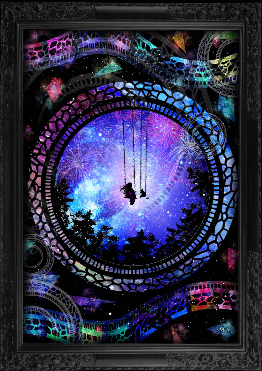 1girl absurdres bow cat dark fireworks forest frame from_behind highres japanese_clothes kimono long_hair mitoxxasxx nature night original revision sky star_(sky) starry_sky swing