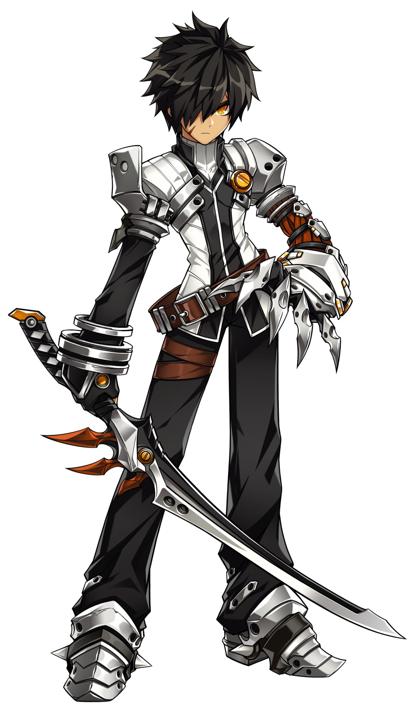 1boy absurdres artist_request belt black_gloves black_hair black_pants closed_mouth elsword expressionless full_body gloves hair_over_one_eye highres holding holding_sword holding_weapon jacket looking_at_viewer male_focus mechanical_arm messy_hair official_art pants raven_(elsword) shoes solo standing sword sword_taker_(elsword) weapon white_jacket yellow_eyes