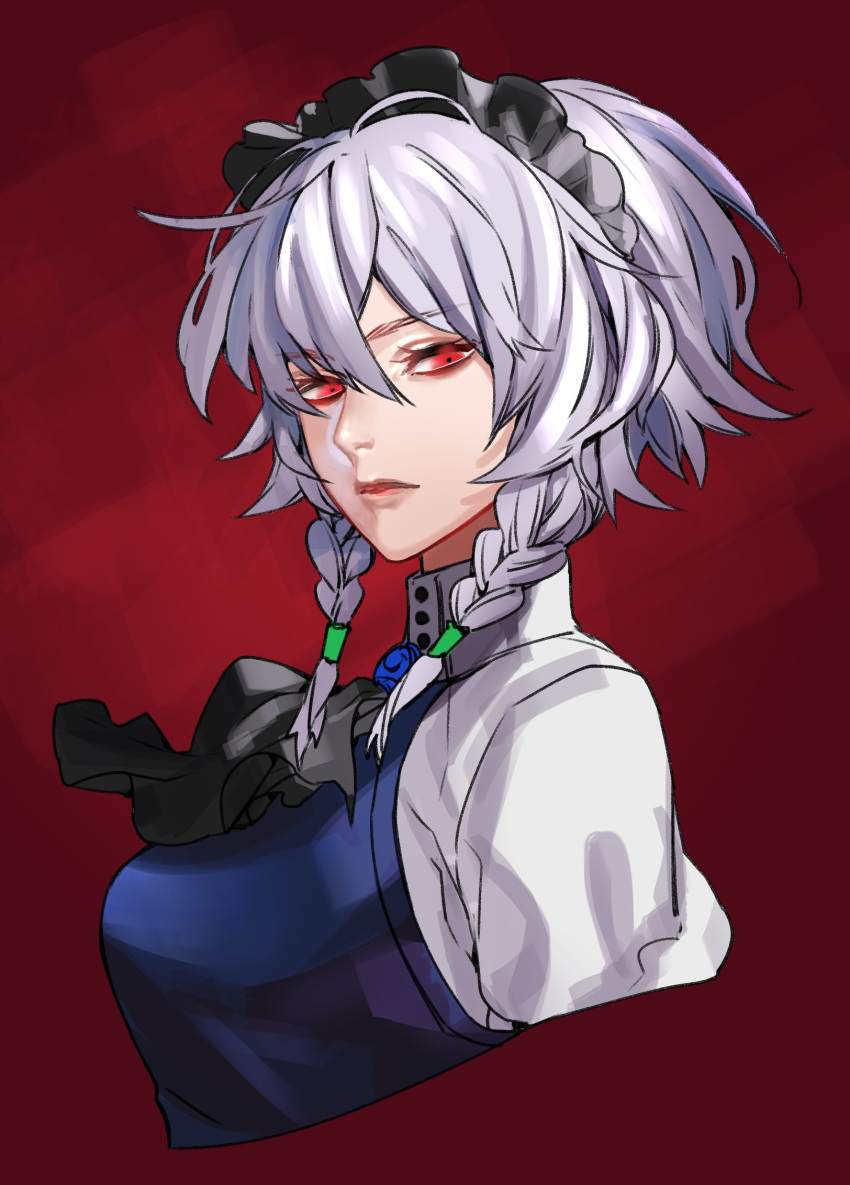 1girl ascot black_neckwear blue_vest braid breasts closed_mouth commentary_request cropped_torso eyebrows_visible_through_hair from_side hair_between_eyes highres izayoi_sakuya large_breasts lips looking_at_viewer looking_to_the_side maid_headdress purple_hair red_background red_eyes silver_hair solo touhou twin_braids vest yosi135