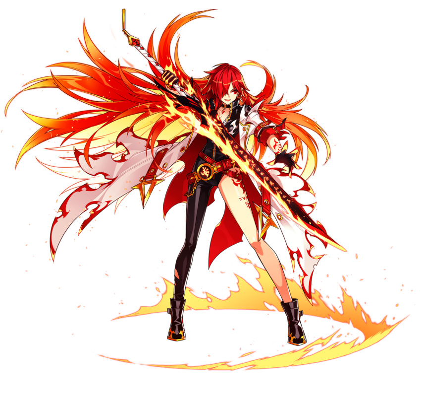 1girl :d artist_request asymmetrical_clothes belt black_footwear black_neckwear choker elesis_(elsword) elsword flame_lord_(elsword) full_body gloves hair_over_one_eye highres holding holding_sword holding_weapon long_hair looking_to_the_side official_art open_mouth red_eyes redhead shoes single_pantsleg skin_tight smile solo standing sword tattoo weapon white_coat