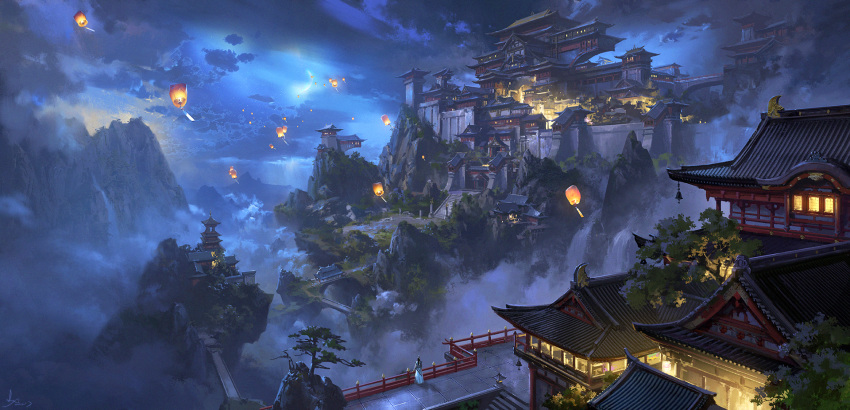 1boy architecture bell bridge castle clouds cloudy_sky crescent_moon east_asian_architecture facing_away fog from_above gate highres house ling_xiang moon mountain night original outdoors railing scenery sky sky_lantern stairs standing tree water waterfall