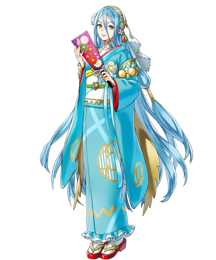 1girl aqua_(fire_emblem_if) bangs blue_hair fire_emblem fire_emblem_heroes fire_emblem_if floral_print full_body hanetsuki highres holding japanese_clothes kaya8 kimono long_hair long_sleeves looking_at_viewer obi official_art parted_lips sandals sash smile solo standing tabi transparent_background veil very_long_hair wide_sleeves yellow_eyes
