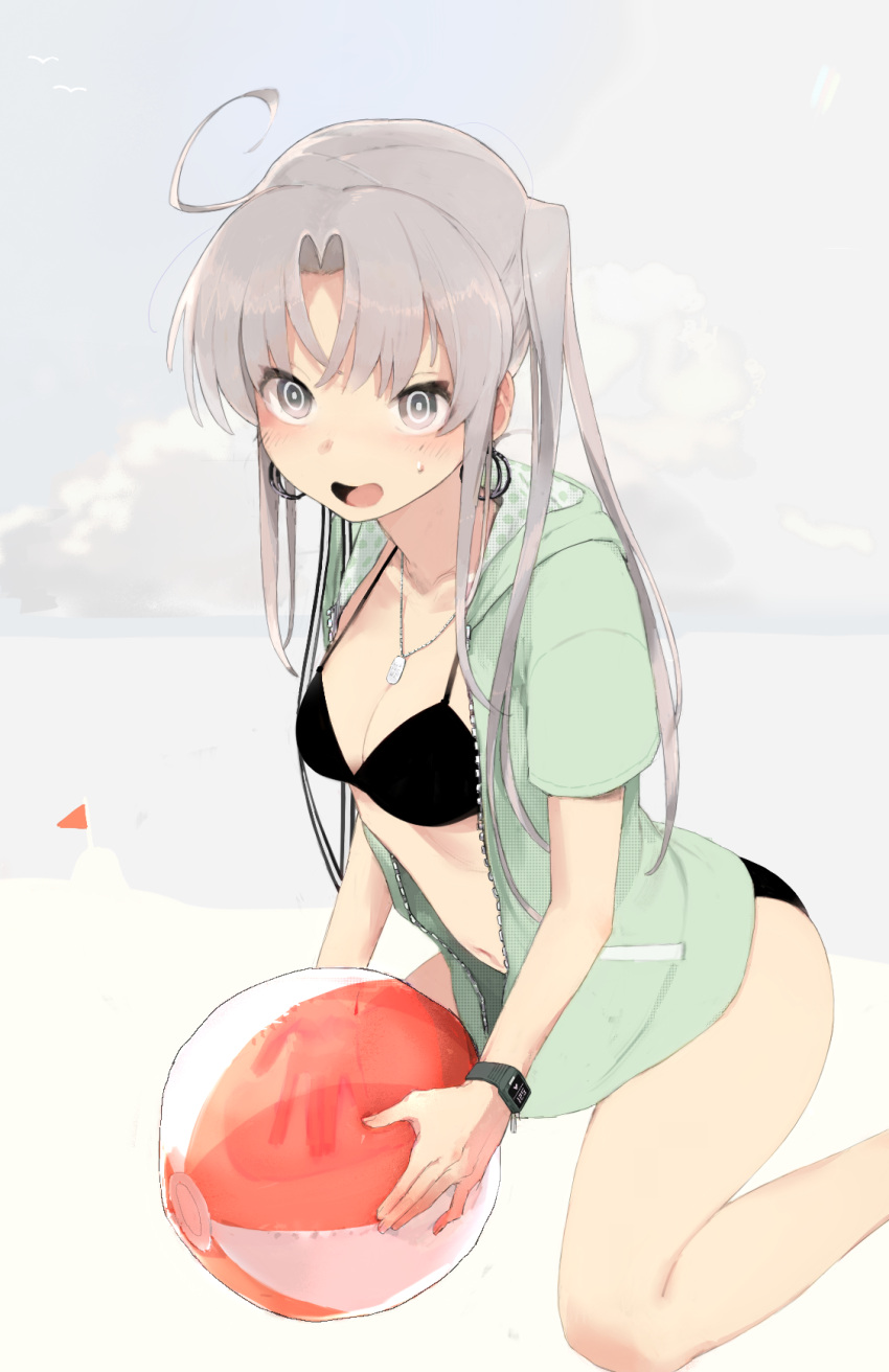 1girl :d ahoge akitsushima_(kantai_collection) ass ball beachball bikini black_bikini breasts cleavage commentary earrings hageshii_nakano highres jacket jewelry kantai_collection long_hair navel open_mouth purple_hair side_ponytail sidelocks sitting smile solo swimsuit watch white_background