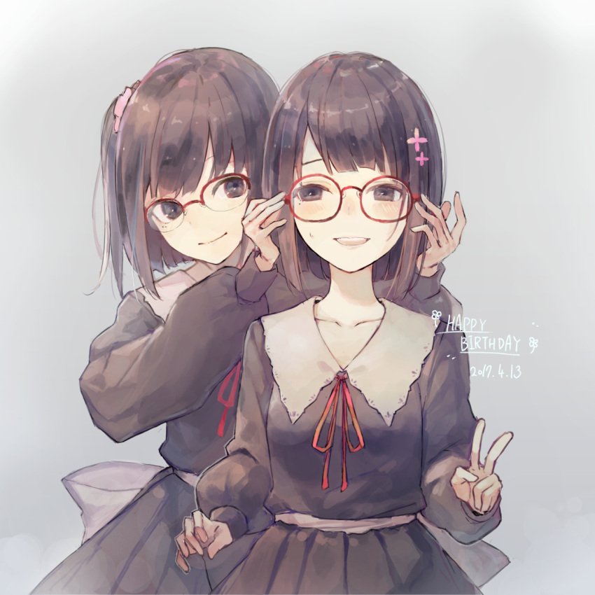 2girls :d adjusting_another's_glasses black_dress character_request closed_mouth dated dress english flower flowers_(innocent_grey) glasses grey_background hair_flower hair_ornament hair_scrunchie happy_birthday highres kobutakurassyu long_sleeves multiple_girls neck_ribbon one_side_up open_mouth over-rim_eyewear puffy_sleeves red-framed_eyewear red_neckwear red_ribbon ribbon scrunchie short_hair simple_background smile v